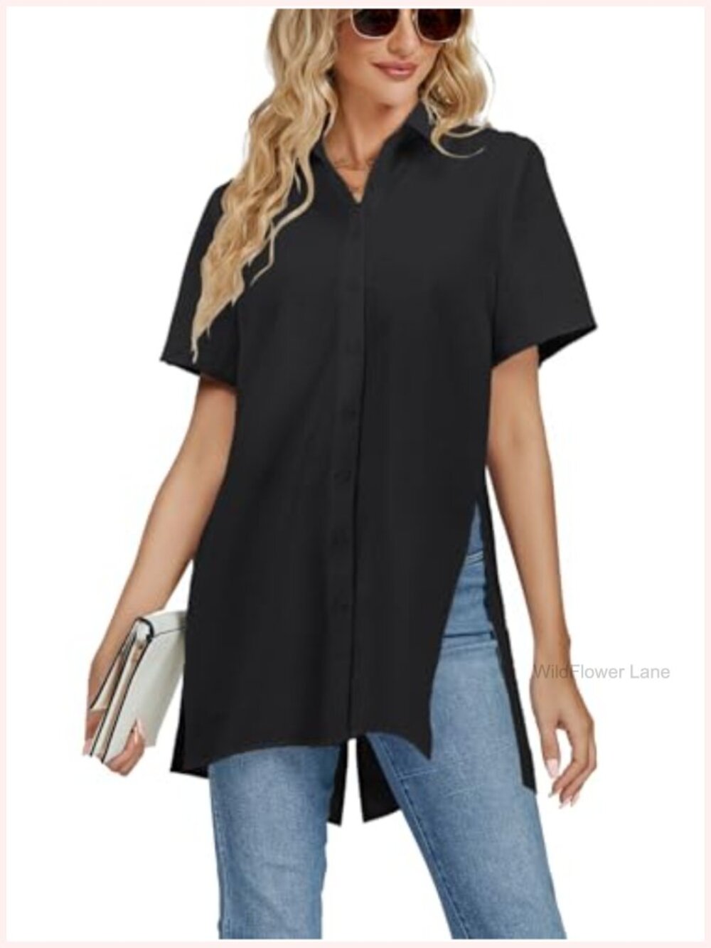 Women's Split Hem Blouse Short Sleeve Collared Neck Stretchable Polyester